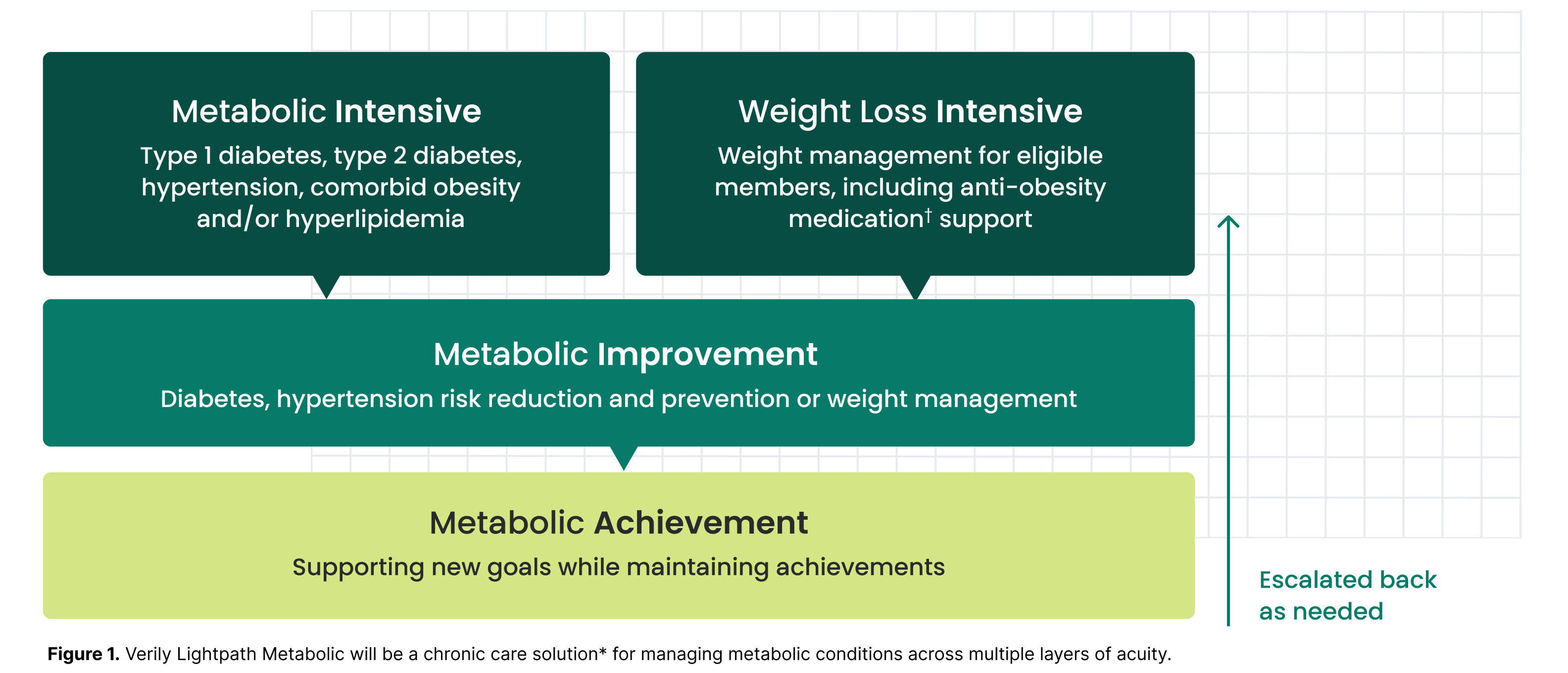 Verily Lightpath Metabolic will be a chronic care solution for managing metabolic conditions across multiple layers of acuity including Metabolic Intensive, Metabolic Improvement, Weight Loss Intensive and Metabolic Achievement.